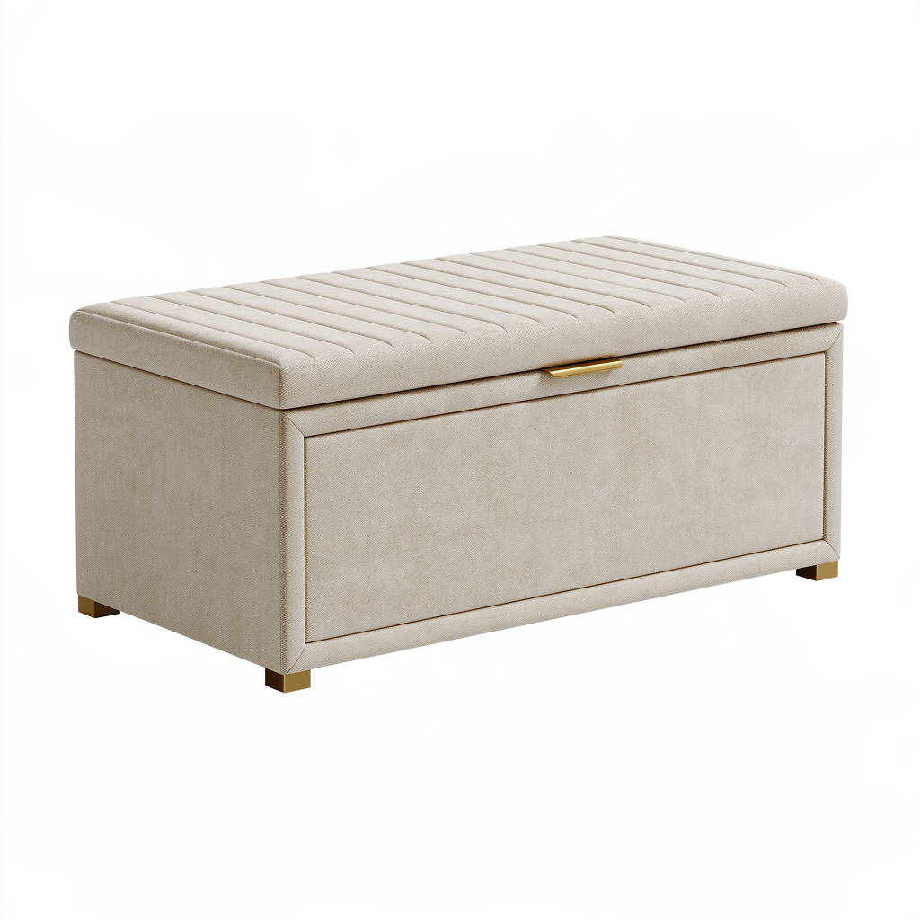 Banc coffre de rangement 120 x 45 x 48 cm en tissu beige avec assise capitonnée
