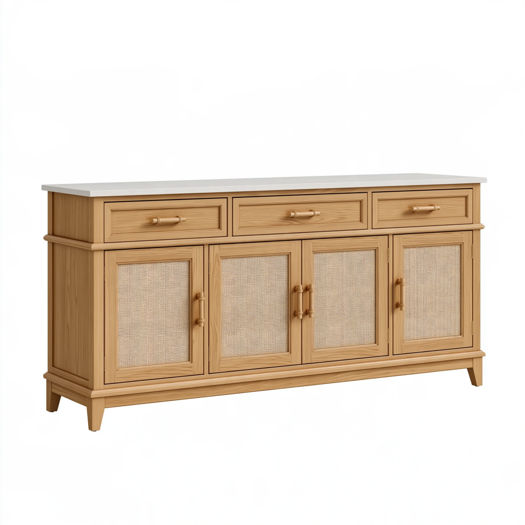 Buffet 160x40x90 cm en bois naturel et cannage avec 3 tiroirs et 4 portes