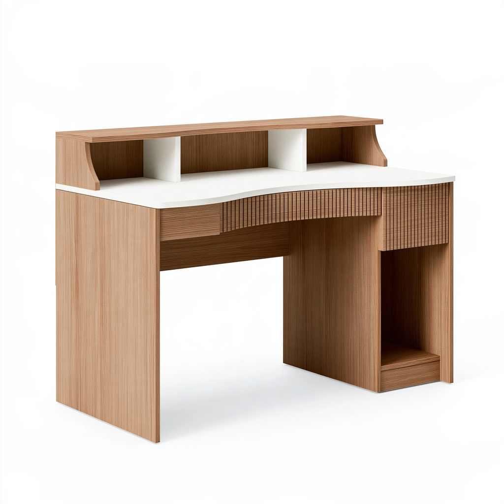 Bureau 120 x 55 cm en panneaux bois brun et blanc avec rangement style contemporain