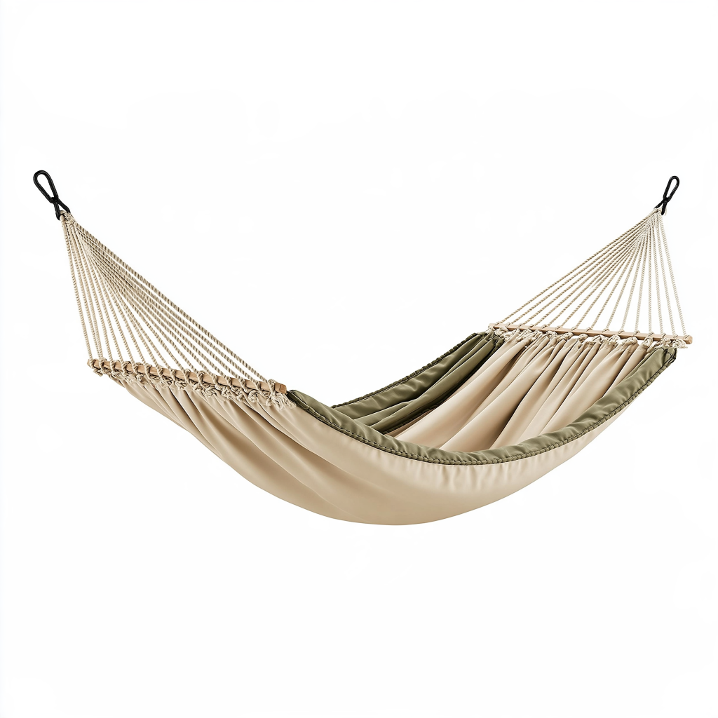Hamac 270 x 150 cm en tissu beige et vert olive avec cordes de suspension pour extérieur