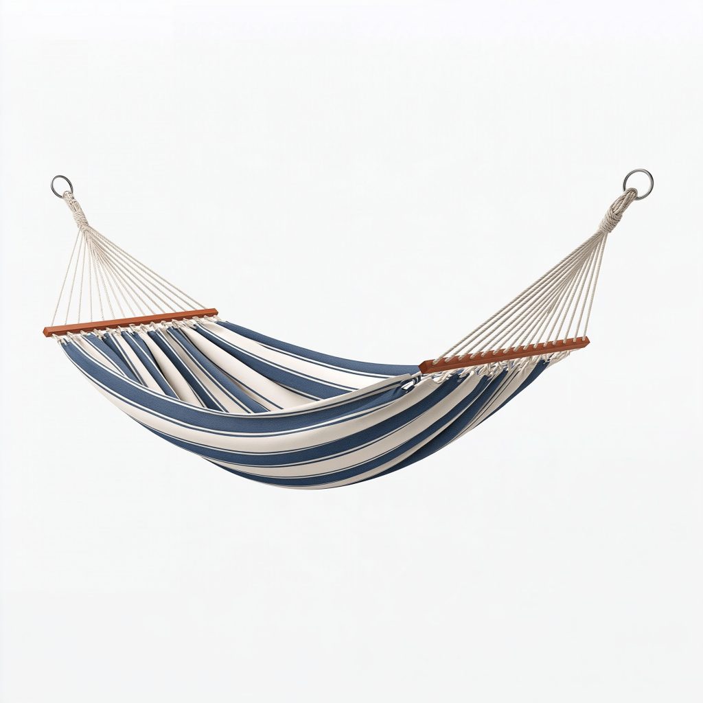 Hamac 300 x 120 cm en tissu bleu et beige avec barres en bois pour jardin style rayé