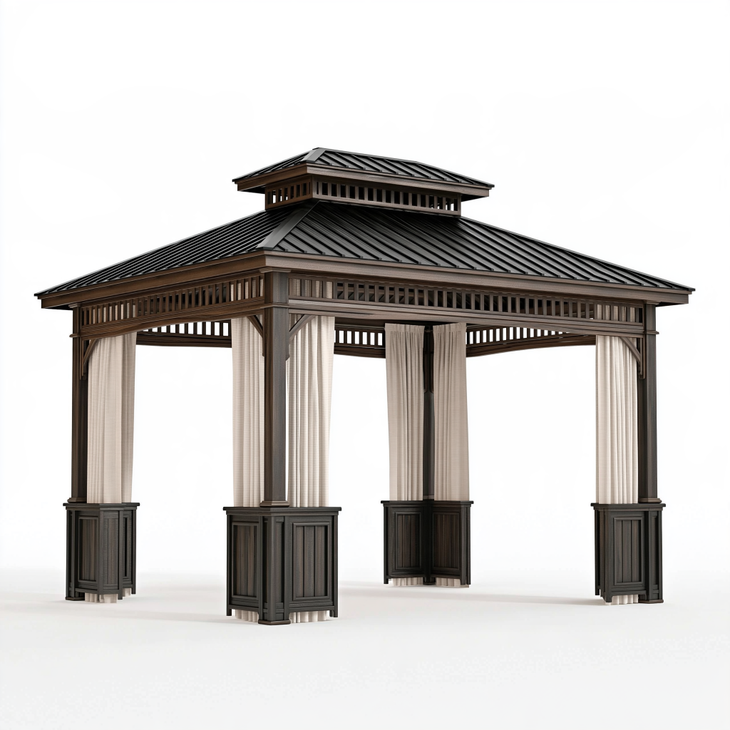 Pavillon de jardin 400 x 300 x 320 cm bois et métal brun avec rideaux style pagode