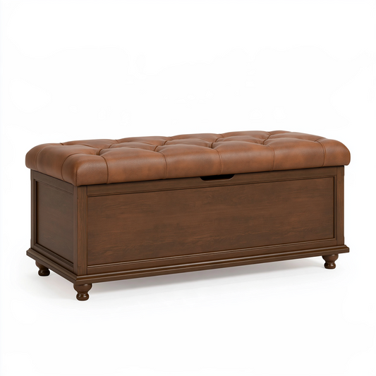 Banc coffre 120 x 45 x 48 cm en bois brun avec assise capitonnée aspect cuir rangement style classique