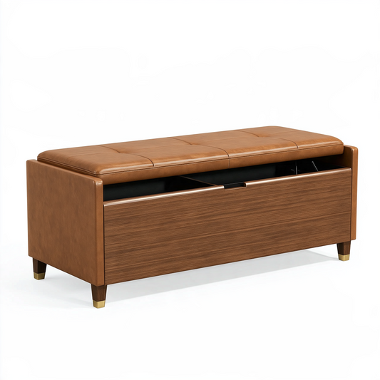 Banc de rangement 120 x 45 x 50 cm en bois brun avec assise capitonnée aspect cuir