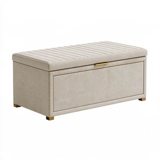 Banc coffre de rangement 120 x 45 x 48 cm en tissu beige avec assise capitonnée