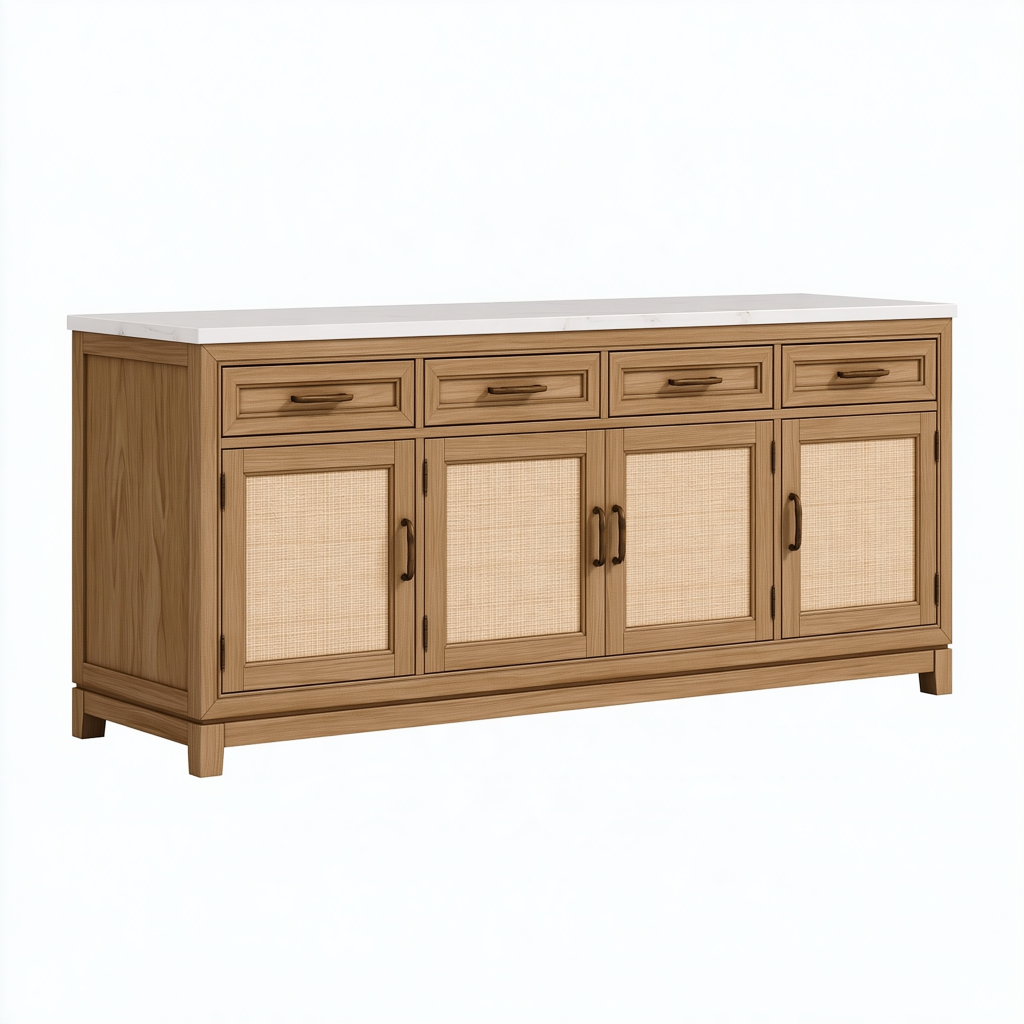 Buffet 180 x 45 x 95 cm en bois brun avec plateau effet marbre et portes en cannage