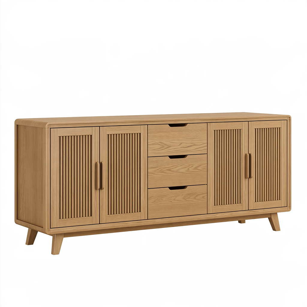 Buffet 180 x 45 x 80 cm en bois naturel avec 4 portes et 3 tiroirs style scandinave