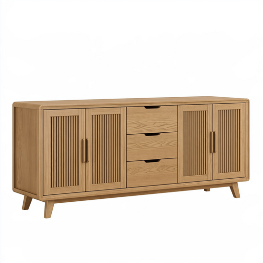 Buffet 180 x 45 x 80 cm en bois naturel avec 4 portes et 3 tiroirs style scandinave
