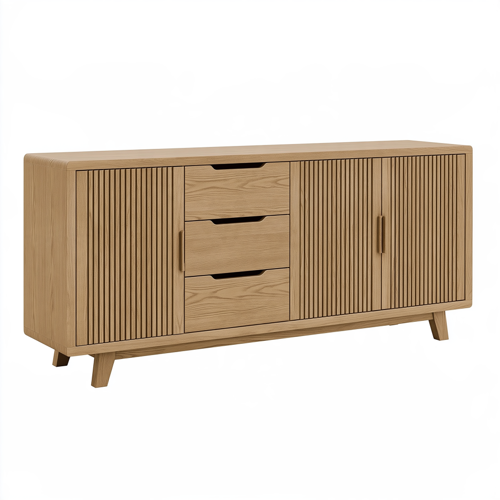 Buffet 160 x 40 x 80 cm en bois chêne clair à 3 tiroirs et 2 portes style scandinave