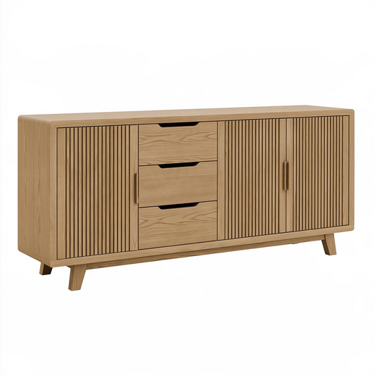 Buffet 160 x 40 x 80 cm en bois chêne clair à 3 tiroirs et 2 portes style scandinave