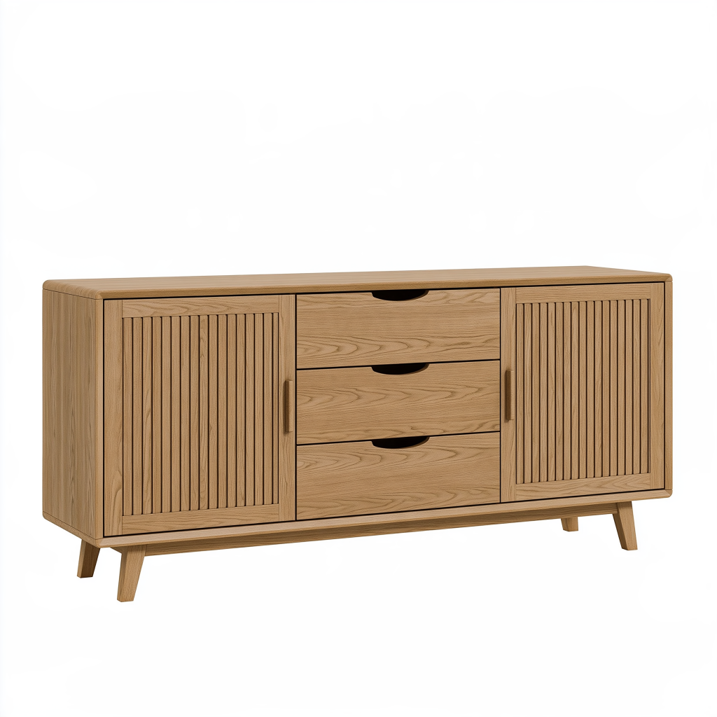 Buffet 160 cm en bois chêne naturel avec 3 tiroirs et 2 portes style scandinave