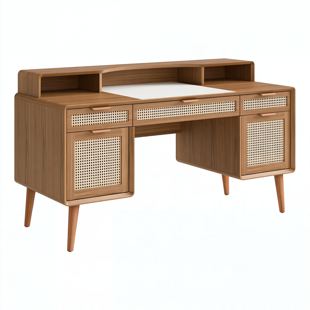 Bureau 140 cm en panneaux finition bois marron avec cannage et rangements style rétro
