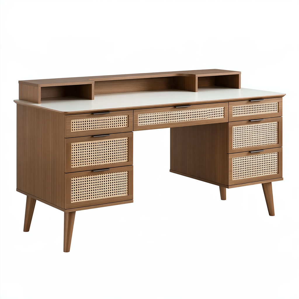 Bureau 140 x 60 cm en bois marron et blanc avec tiroirs en rotin style vintage