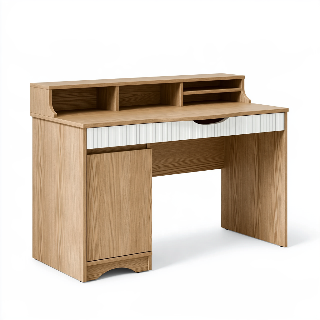 Bureau 120 x 60 x 105 cm en panneaux de bois chêne clair et blanc avec rangement style contemporain
