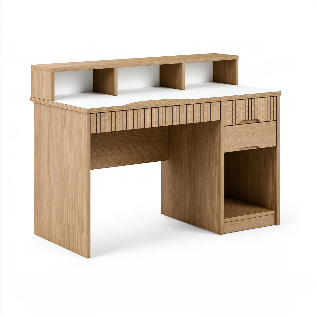 Bureau 120 x 55 x 110 cm en panneaux de bois chêne clair avec tiroirs et étagères style contemporain
