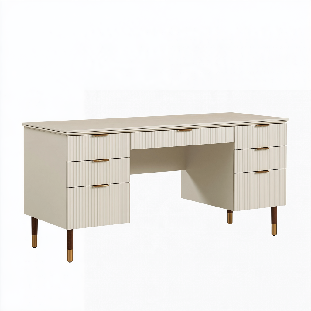 Bureau 160 x 60 x 76 cm beige en panneaux de bois avec 7 tiroirs style contemporain