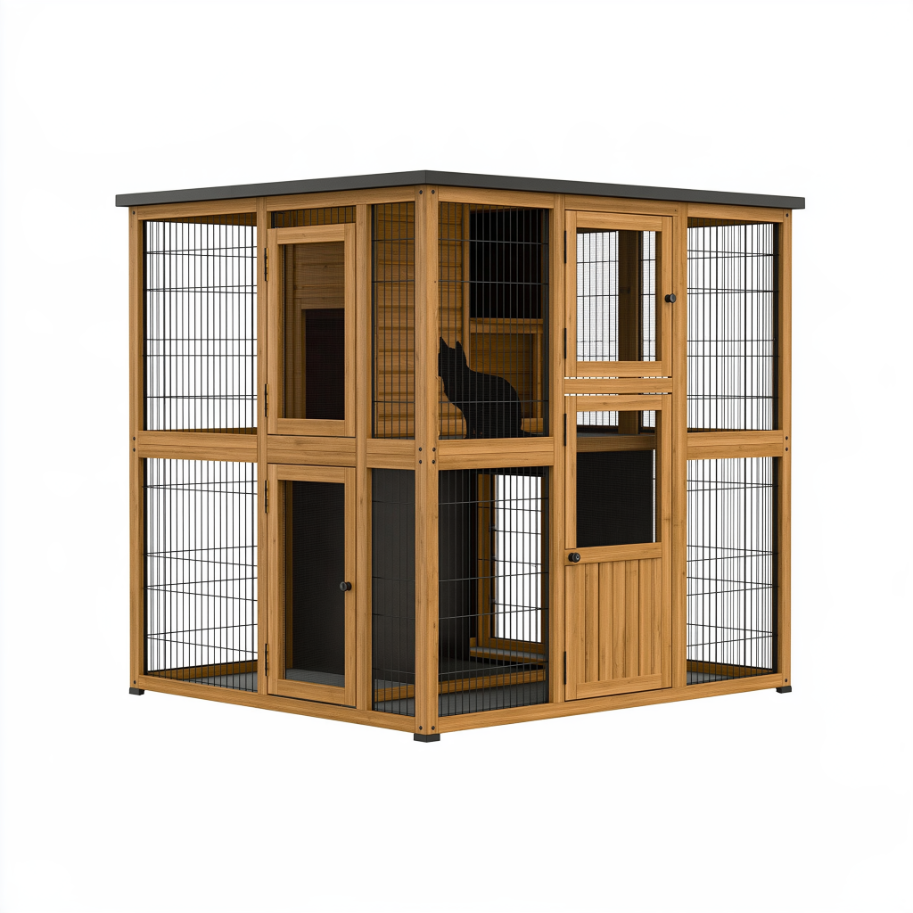 Enclos pour chat 180 x 120 x 180 cm en bois naturel et métal noir - habitat à plusieurs niveaux