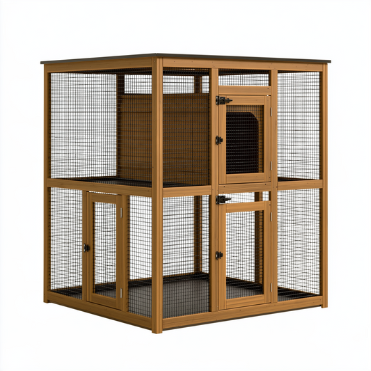 Enclos pour chats 120 x 60 x 120 cm en bois brun avec grillage métallique pour extérieur