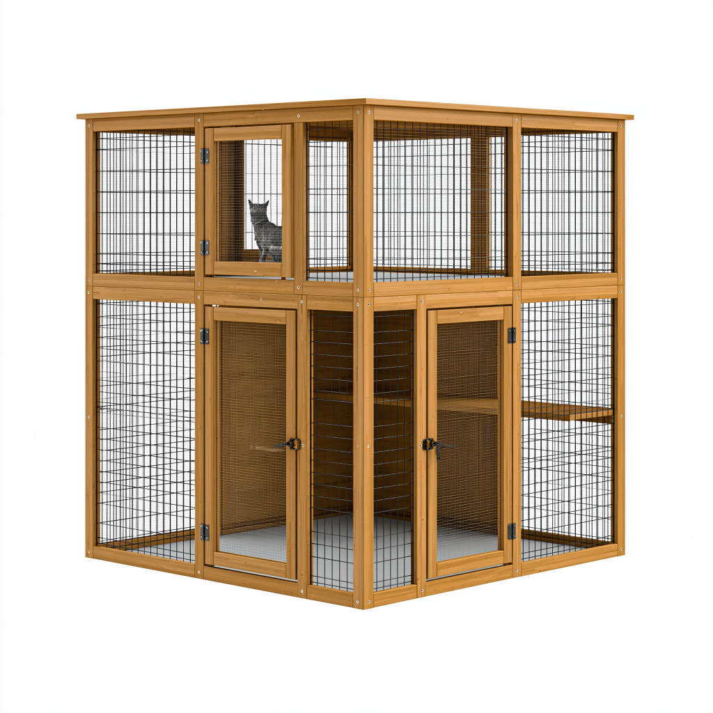 Enclos extérieur pour chat 180 x 90 x 180 cm en bois brun avec grillage et portes verrouillables