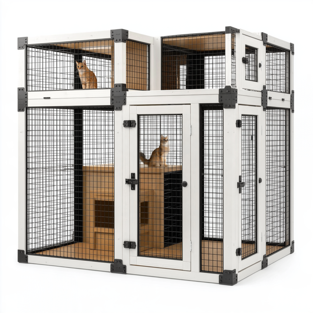 Enclos pour chat 120 x 60 x 180 cm en bois et métal blanc et noir à deux niveaux