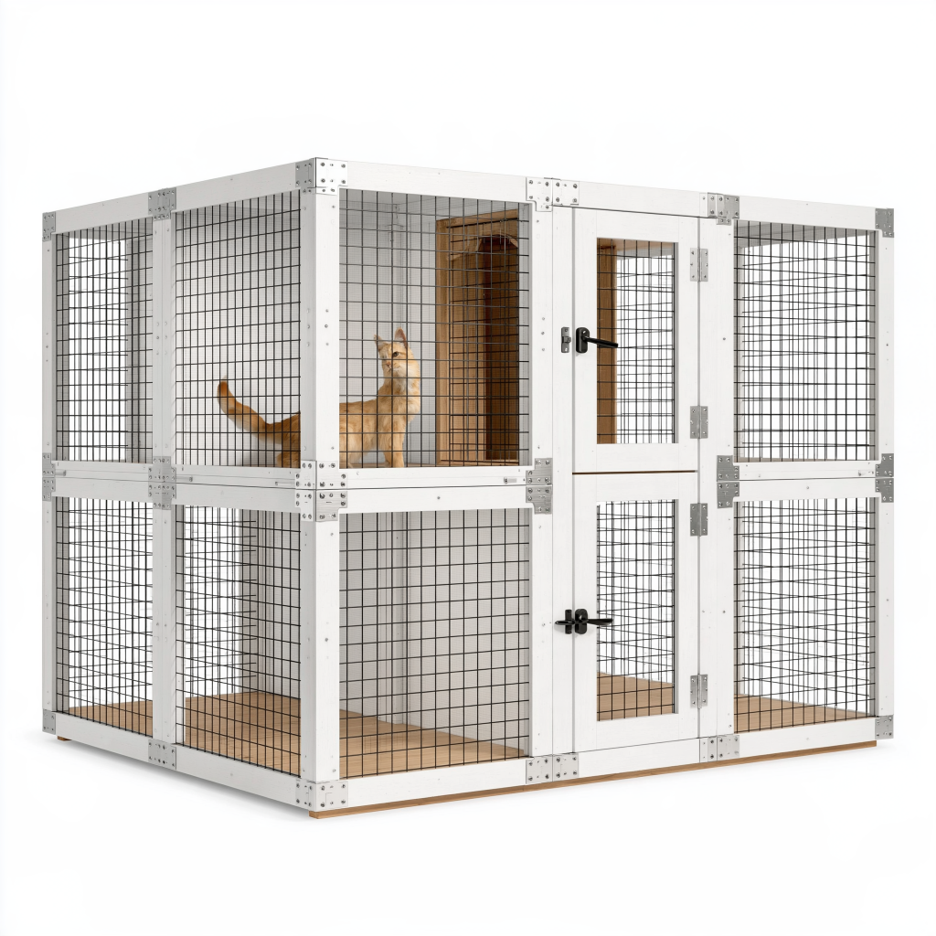 Enclos pour chat 180 x 90 x 180 cm en bois blanc et grillage métallique - intérieur à deux niveaux