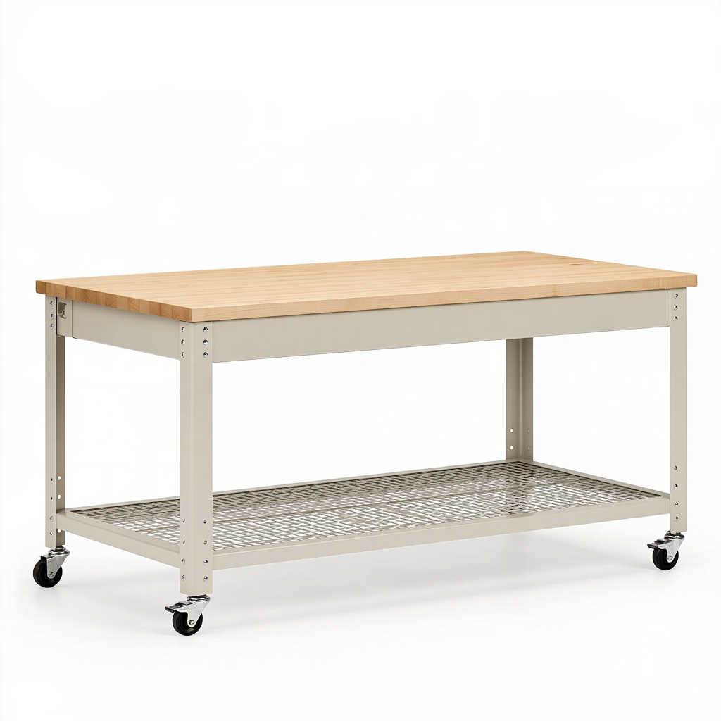 Établi roulant 152 x 76 x 91 cm en bois et acier beige avec tablette grillagée