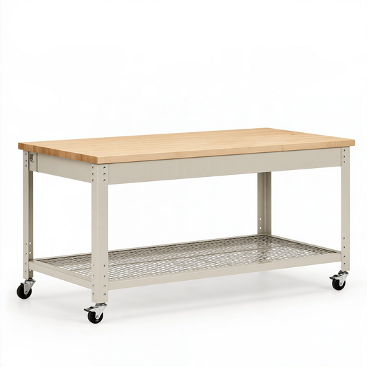 Établi roulant 152 x 76 x 91 cm en bois et acier beige avec tablette grillagée