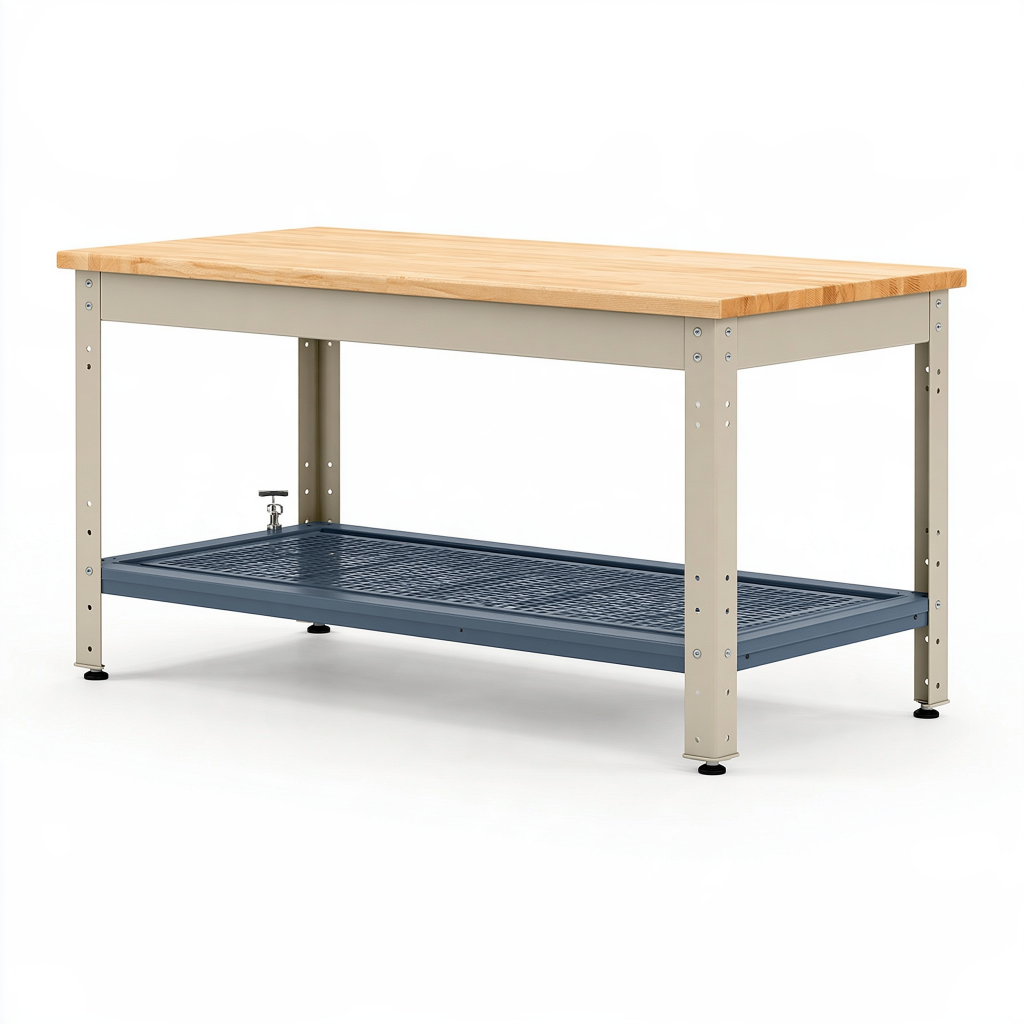 Établi 152 x 76 x 86 cm en bois massif et acier beige avec tablette de rangement