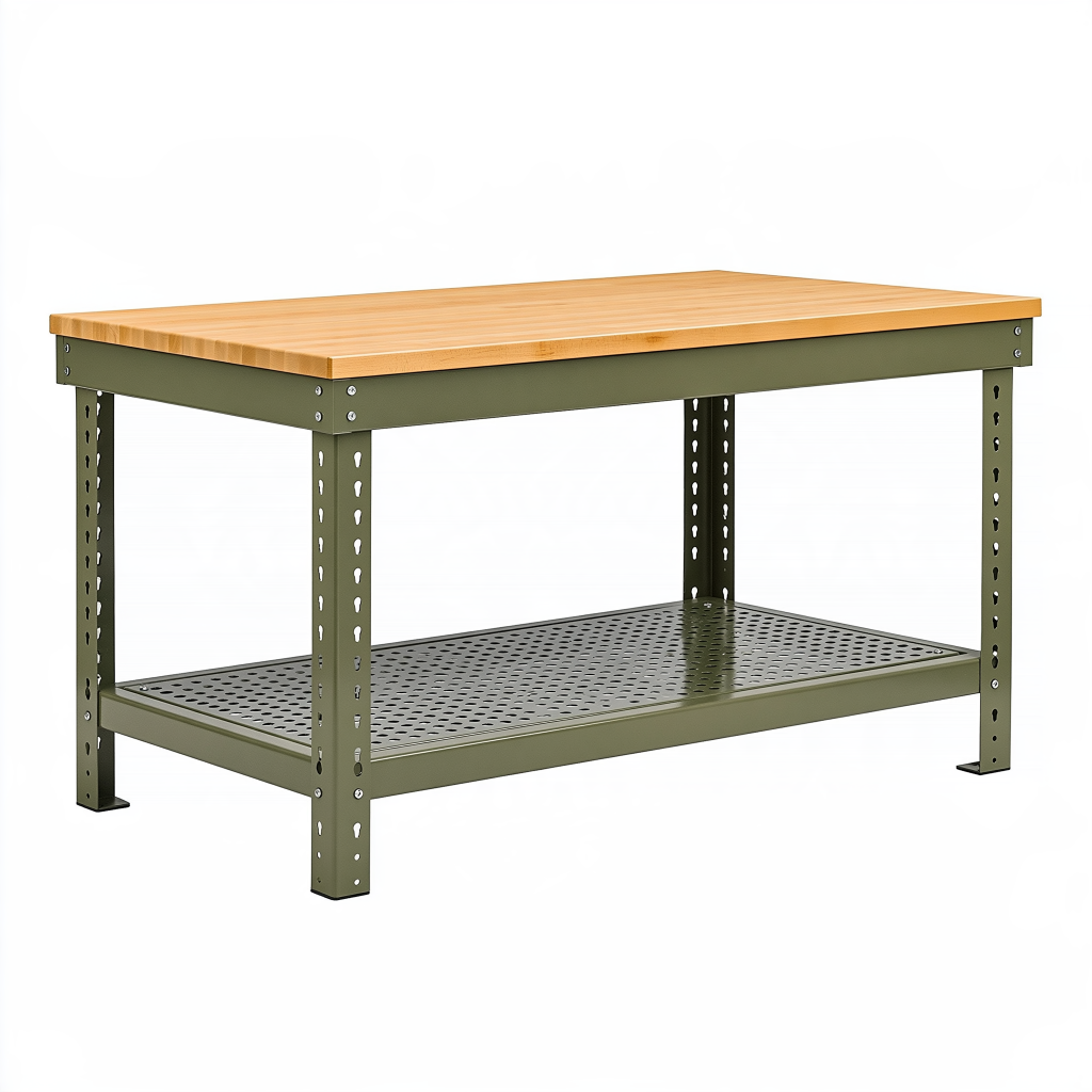 Établi 120 x 60 x 90 cm en bois et acier vert avec tablette perforée