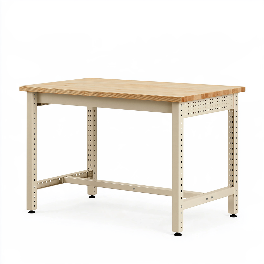 Établi 120 x 60 x 90 cm en bois et acier beige pour atelier réglable