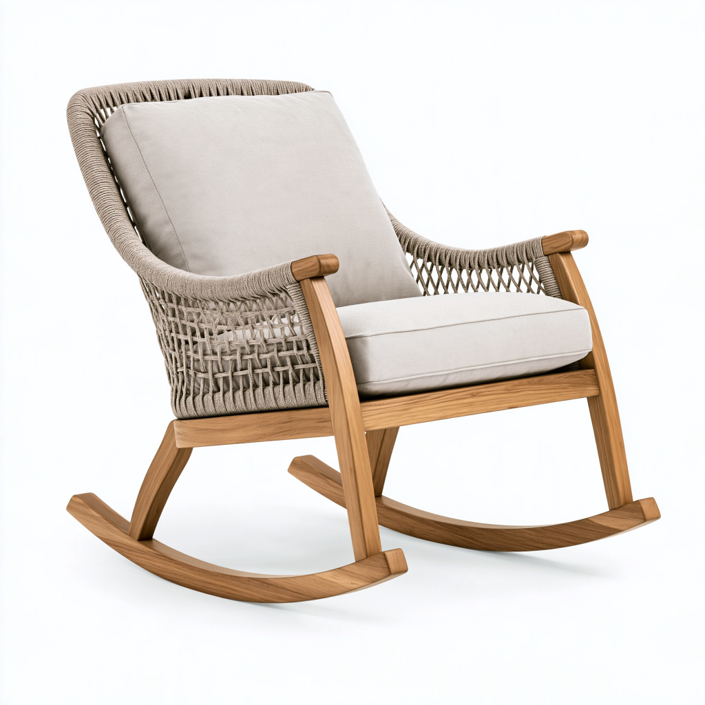 Fauteuil à bascule 75 x 95 x 98 cm en bois naturel et corde beige style contemporain