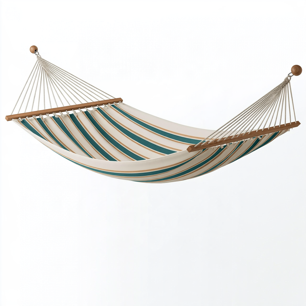 Hamac 300 x 120 cm en tissu rayé blanc vert avec barres en bois - suspendu