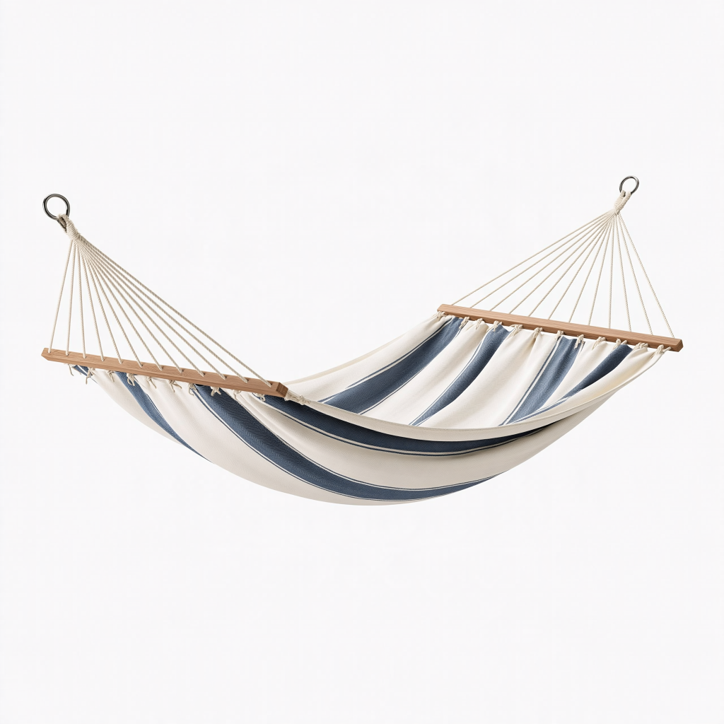 Hamac 300 x 100 cm en coton beige et bleu avec barres en bois pour extérieur