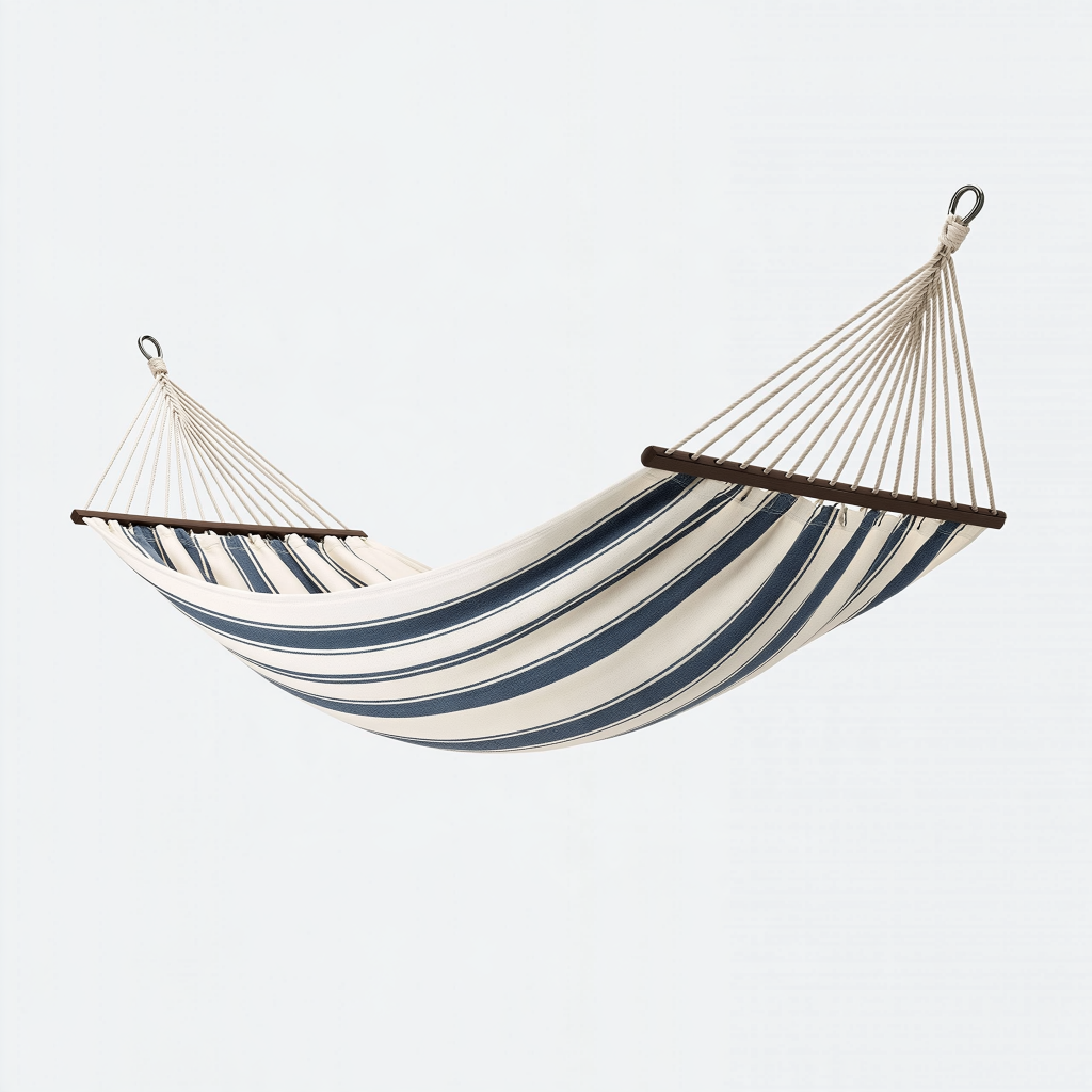 Hamac 300 x 100 cm textile rayé beige bleu avec barres en bois pour jardin