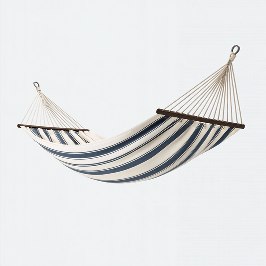 Hamac 300 x 100 cm textile rayé beige bleu avec barres en bois pour jardin