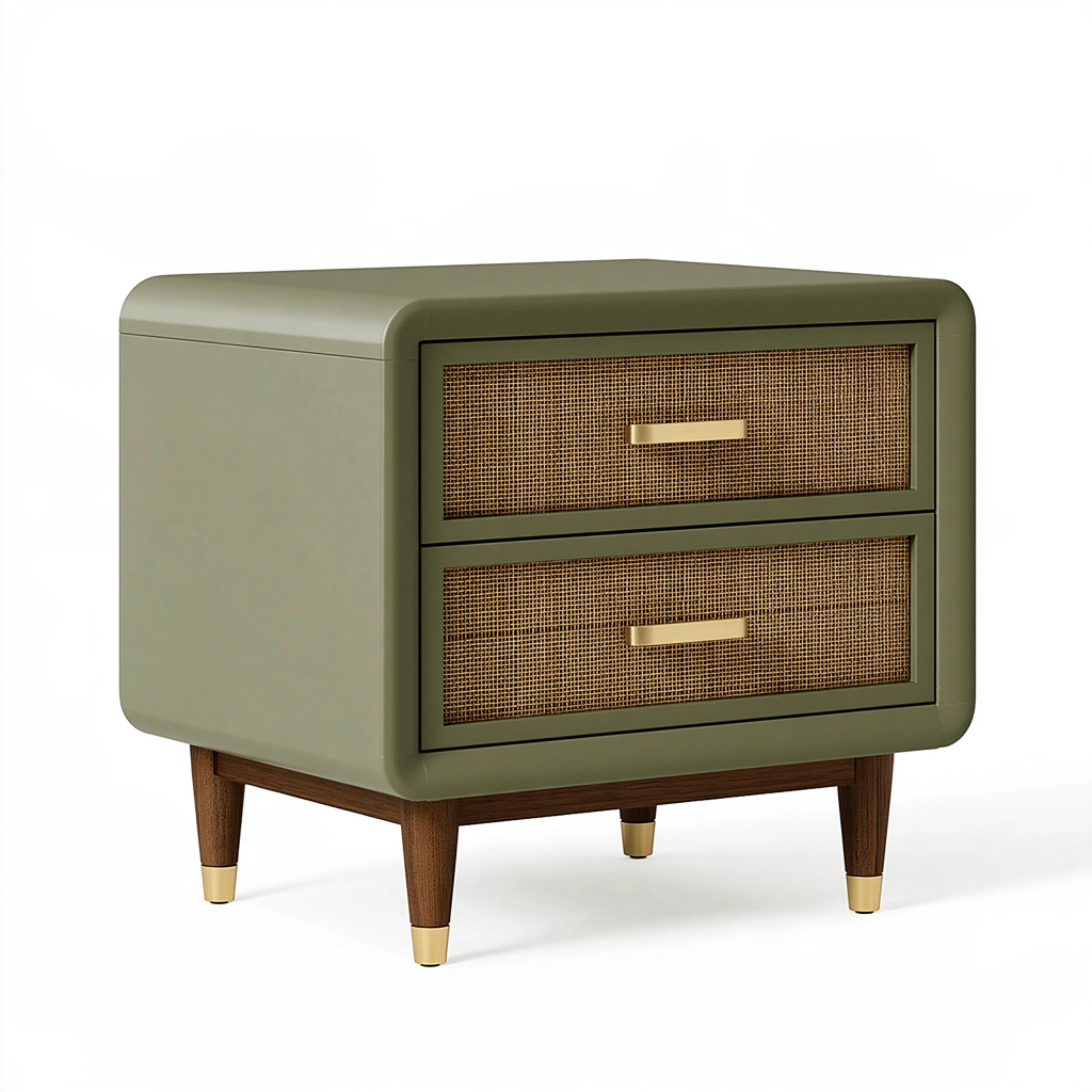 Table de chevet 60 x 40 x 60 cm en bois vert olive avec 2 tiroirs cannés style rétro
