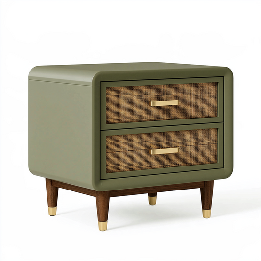 Table de chevet 60 x 40 x 60 cm en bois vert olive avec 2 tiroirs cannés style rétro