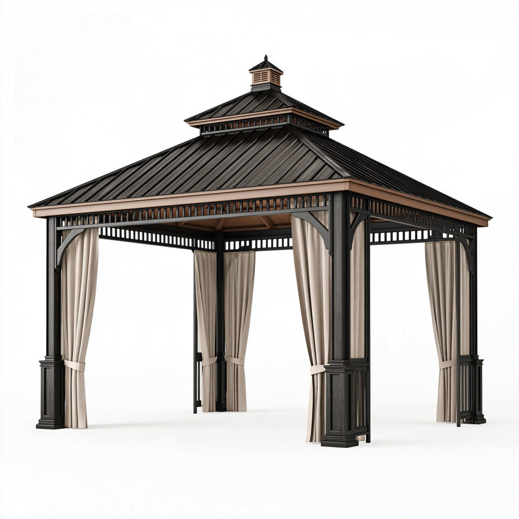 Pavillon de jardin 400 x 400 cm en acier noir avec rideaux et toit à deux niveaux