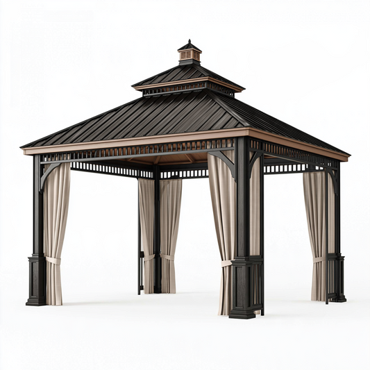 Pavillon de jardin 400 x 400 cm en acier noir avec rideaux et toit à deux niveaux
