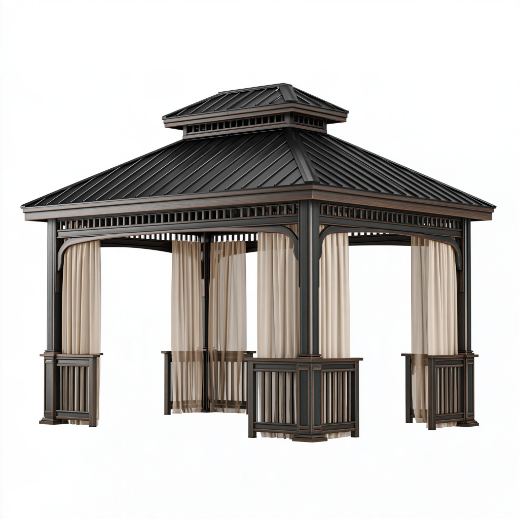Pavillon de jardin 300 x 300 cm en métal noir avec rideaux style classique