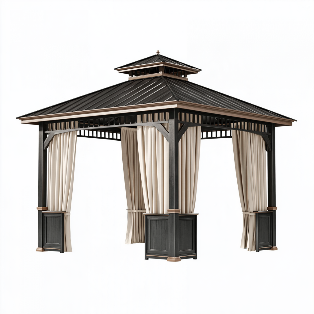 Tonnelle de jardin 300 x 300 x 300 cm en acier noir et beige avec rideaux style pavillon