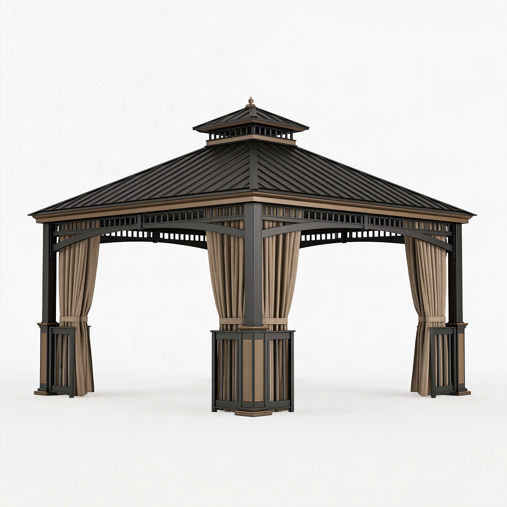 Pavillon de jardin 300 x 300 cm en métal noir avec rideaux style classique