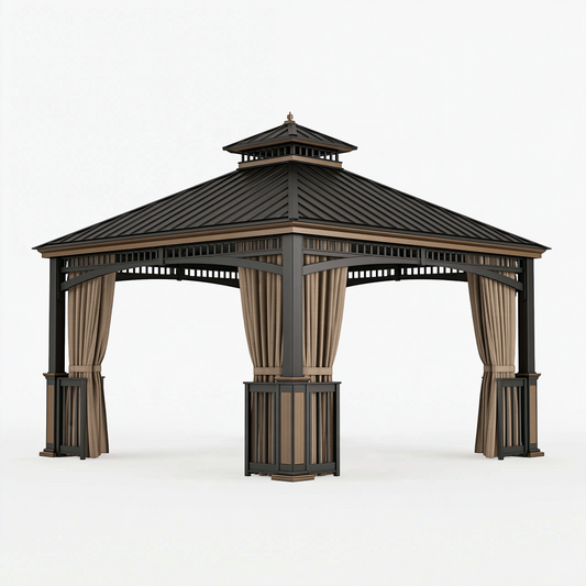 Pavillon de jardin 300 x 300 cm en métal noir avec rideaux style classique
