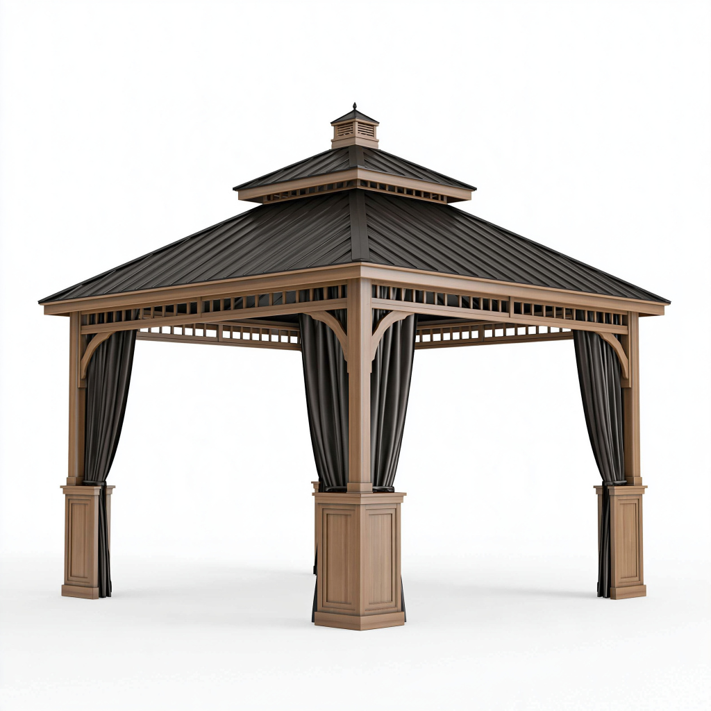 Pavillon de jardin 400 x 300 x 320 cm en bois brun avec toit métallique et rideaux