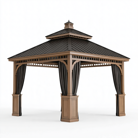 Pavillon de jardin 400 x 300 x 320 cm en bois brun avec toit métallique et rideaux