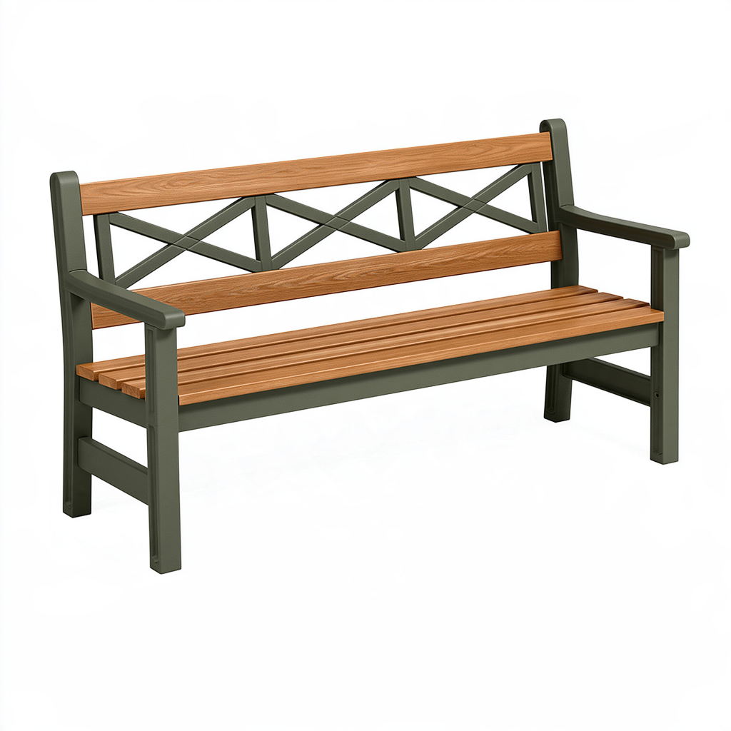 Banc de jardin 150 x 60 x 85 cm en acier et bois marron vert foncé avec accoudoirs
