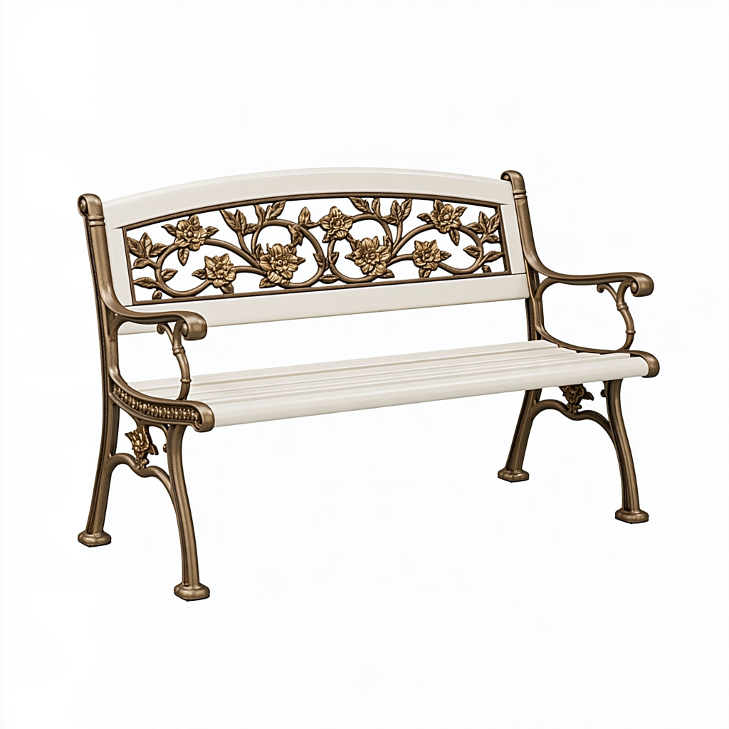 Banc de jardin 120 cm en aluminium blanc et bronze style classique à motif floral