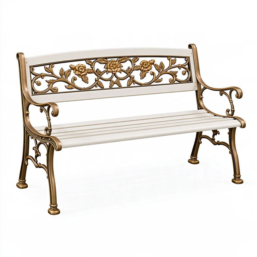 Banc de jardin 125 x 60 x 90 cm en métal blanc/doré à dossier floral classique