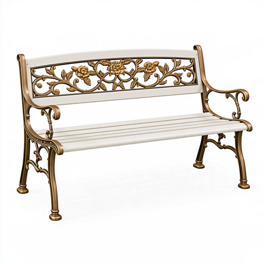 Banc de jardin 125 x 60 x 90 cm en métal blanc/doré à dossier floral classique