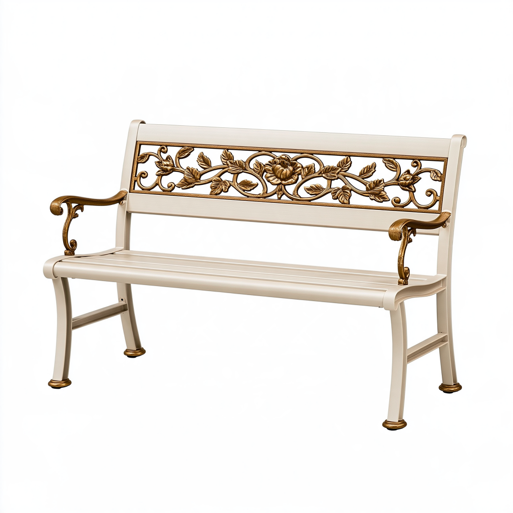 Banc de jardin 120 x 60 x 90 cm en métal blanc et doré à motifs floraux classique